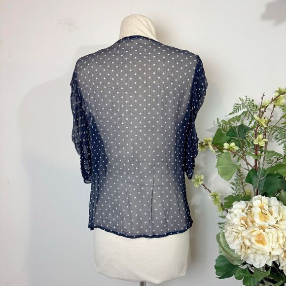 🖤🔥 FRAME Sheer Navy Polka Dot Ruched Puff Sleeve Top Medium - Picture 6 of 9